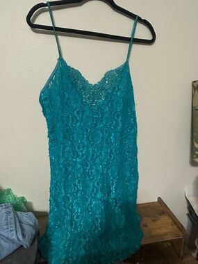 Lace Slip Dress with Beaded V-Neck — Teal size women large